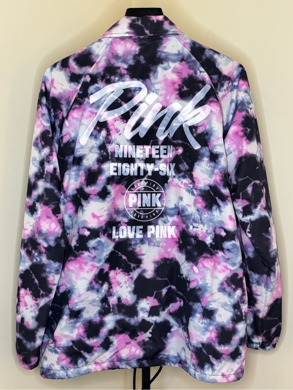 Victoria's Secret PINK Tie-Dye Snap Front Coaches Jacket - Pink, Navy, and White - Picture 4 of 6